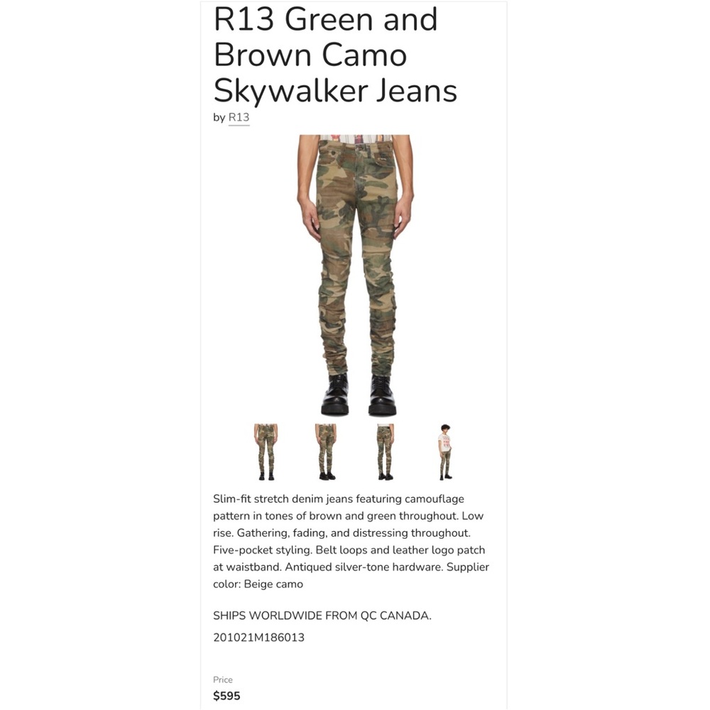 R13 Men’s Camo Skinny Skywalker Jeans 36 NWT